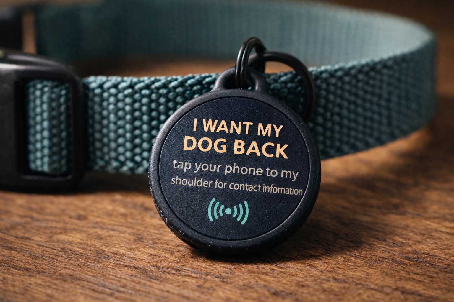 I Want My Dog Back collar tag on a dog collar